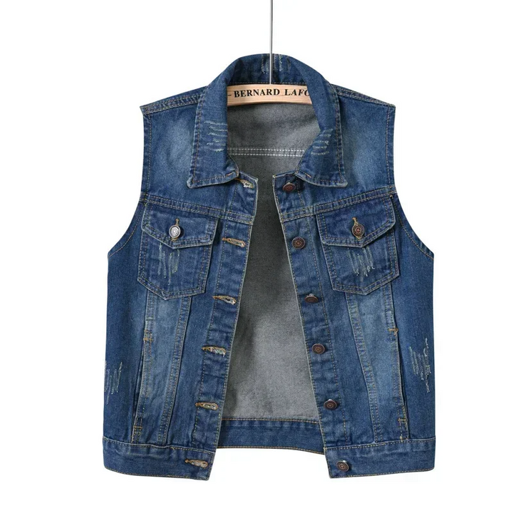 Classic blue denim vest for women, versatile and fashionable.