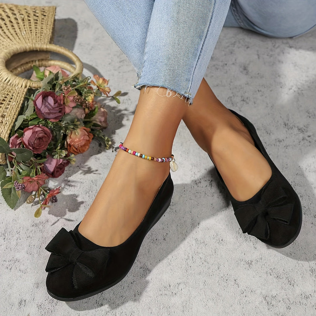 Red casual women's bow detail slip-on wedge ballet flats, stylish & comfy.
