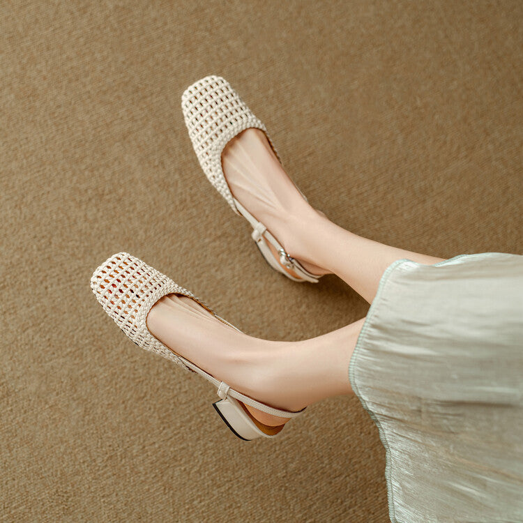 Close-up of elegant women's braided sandals with a slingback strap & sturdy block heel.