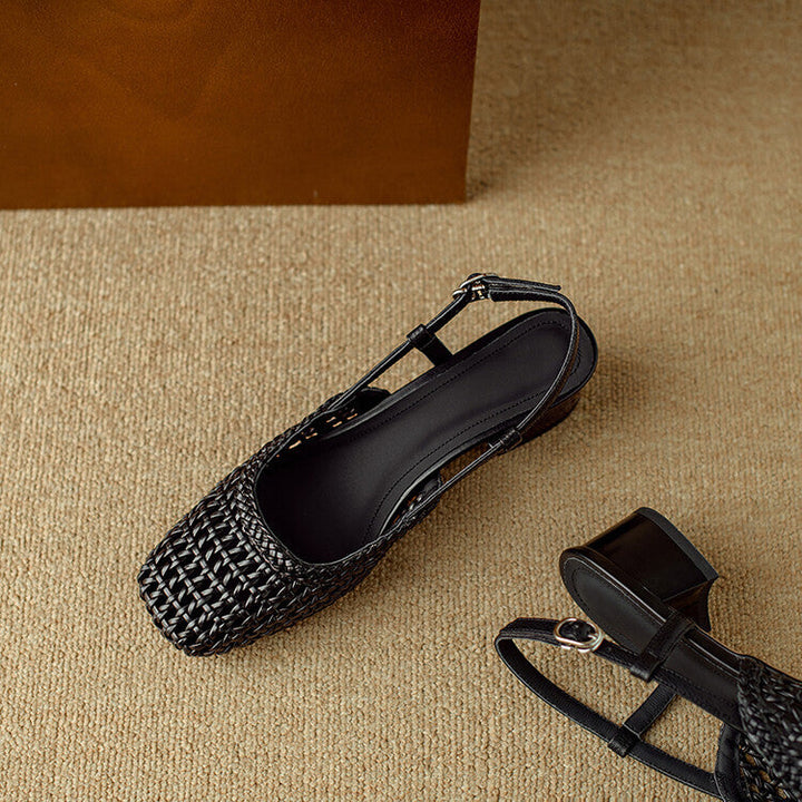 Side view of women's elegant braided slingback sandals with a sturdy block heel, highlighting design.