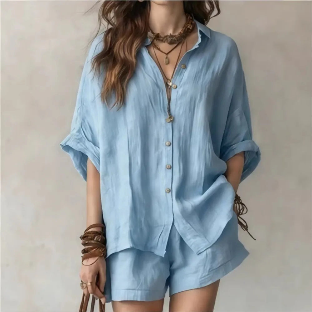 Women's breathable 2-piece lounge set with relaxed fit, perfect for casual summer wear. Soft, comfortable fabric.