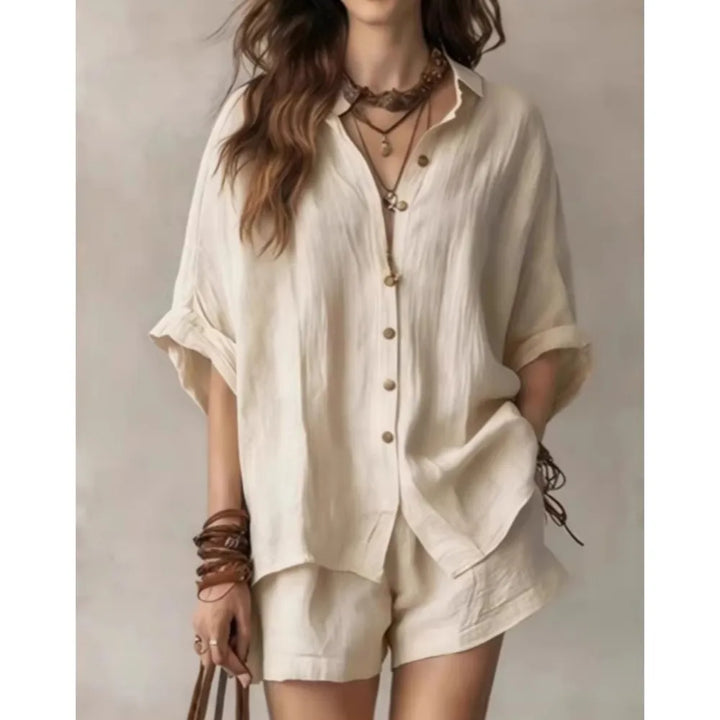 Comfortable women's breathable lounge set, a chic two-piece outfit for warm weather and casual style.