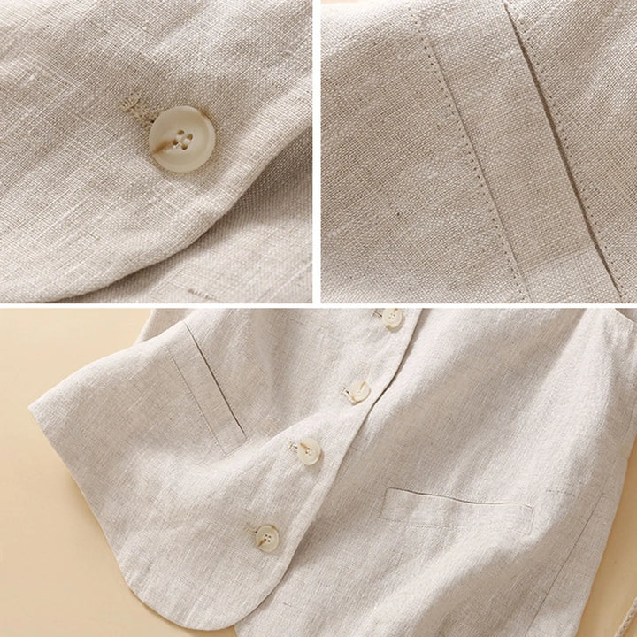 Breathable linen blend women's sleeveless top, great for layering or standalone, in versatile beige & navy.