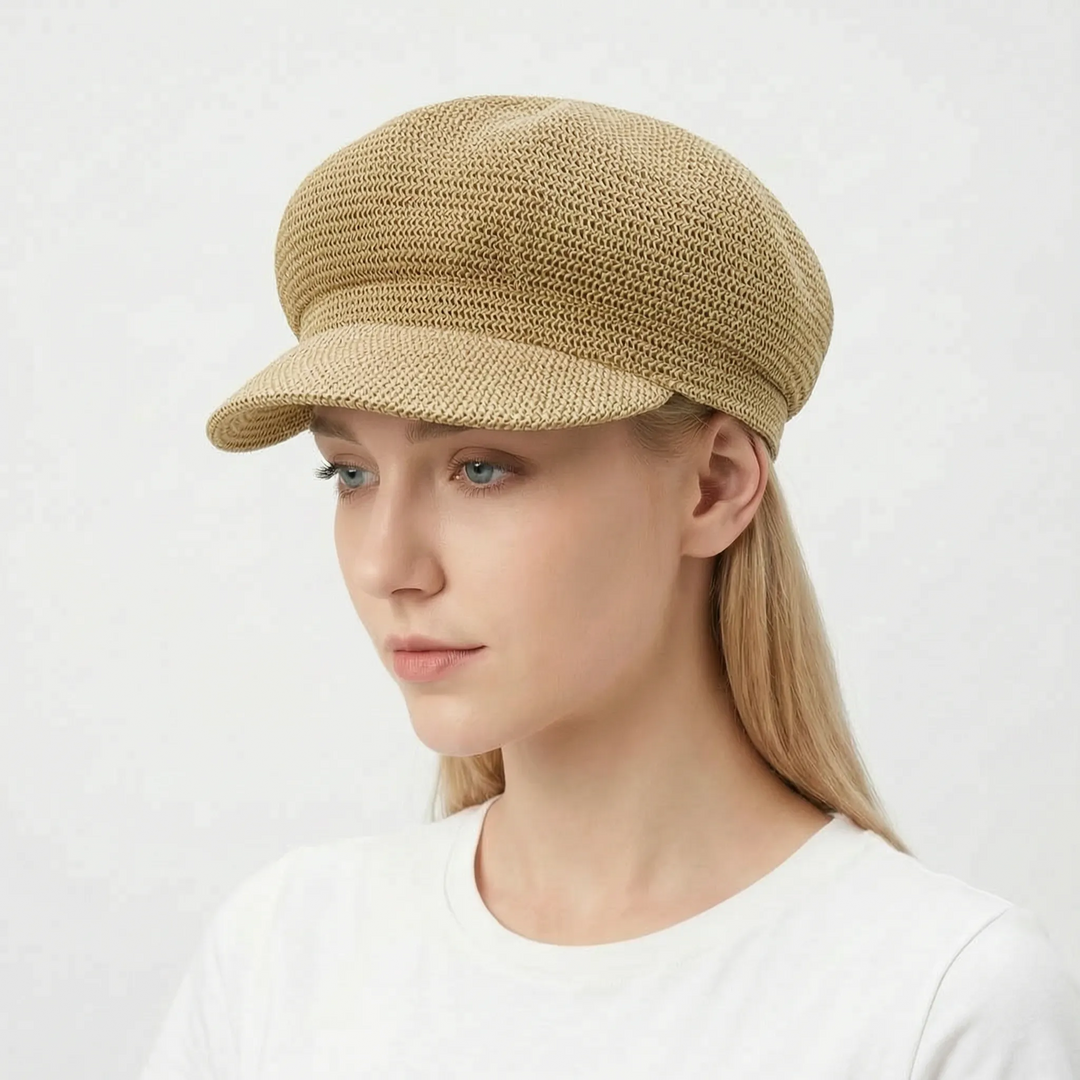 Fashionable women's open-weave sun hat, a chic summer accessory for beach outfits & travel. Keeps you cool.