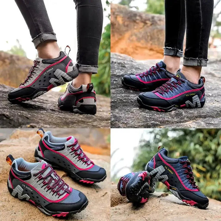 Close-up of women's athletic hiking shoes, showing breathable mesh and durable sole