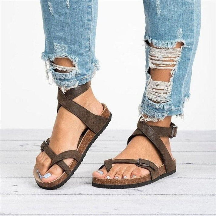 Women's breathable strappy flat sandals with adjustable buckle, perfect for comfortable summer everyday wear & walking.