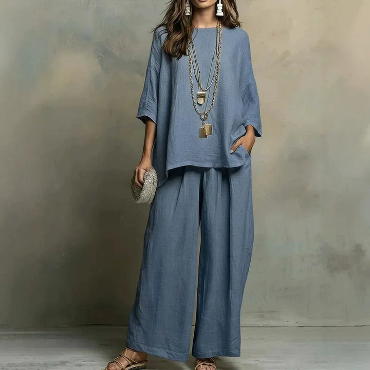 Stylish women's matching wide leg pant set, ideal two-piece outfit for resort wear, travel, and loungewear.