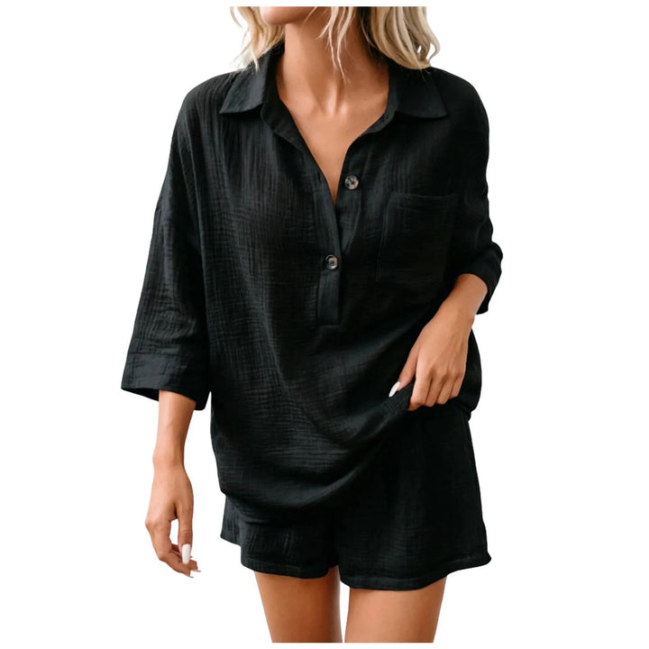 Matching women's relaxed beach short set, a breezy two-piece summer outfit for vacation, beachwear, and casual comfort.