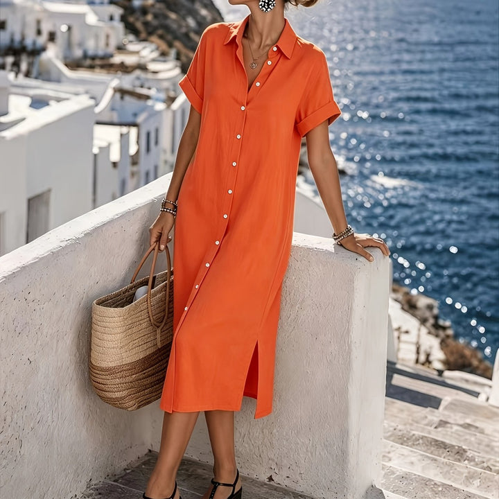 Women's short sleeve button-front midi shirt dress, versatile for various summer occasions.