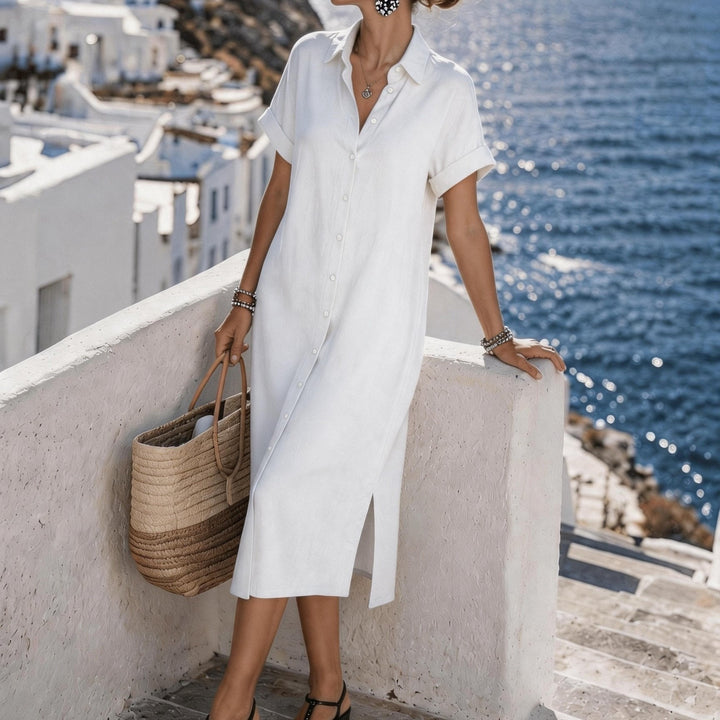 Trendy women's button-front short sleeve midi shirt dress, a must-have for warm weather.