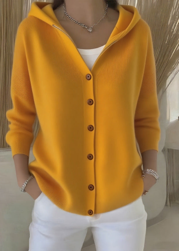 Everyday women's hooded cardigan, a solid color button-up sweater for all seasons.