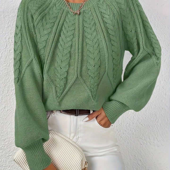 Stylish women's cable knit sweater, relaxed fit, graceful lantern sleeves, ideal for fall/winter.