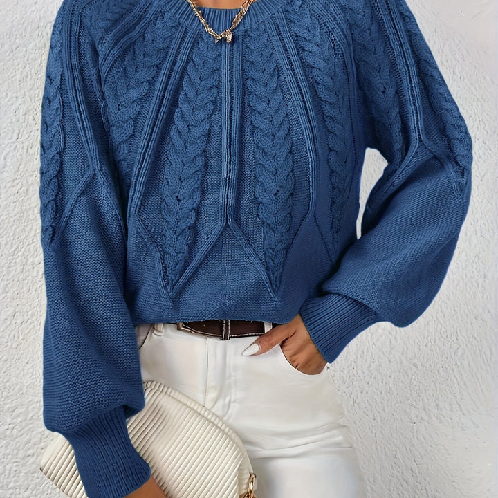 Women's cable knit sweater, relaxed fit, on-trend lantern sleeves, perfect for a cozy, casual style.