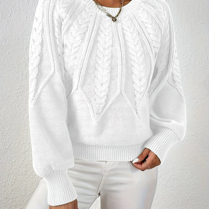 Cozy women's cable knit pullover, relaxed fit, charming lantern sleeves, great for weekend wear.