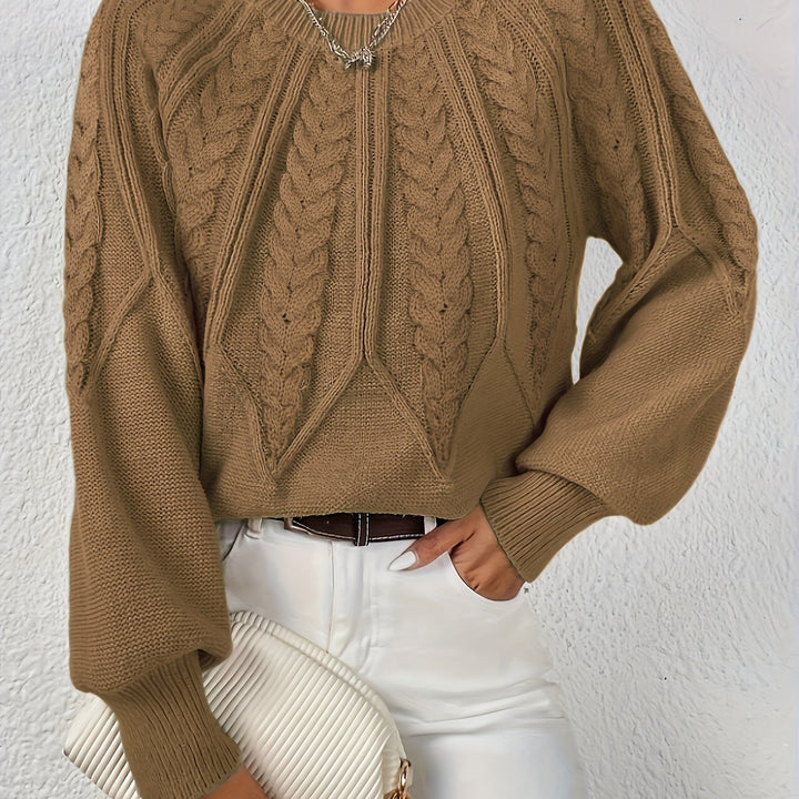 Women's cable knit sweater, relaxed fit, fashionable lantern sleeves, for a blend of comfort & style.