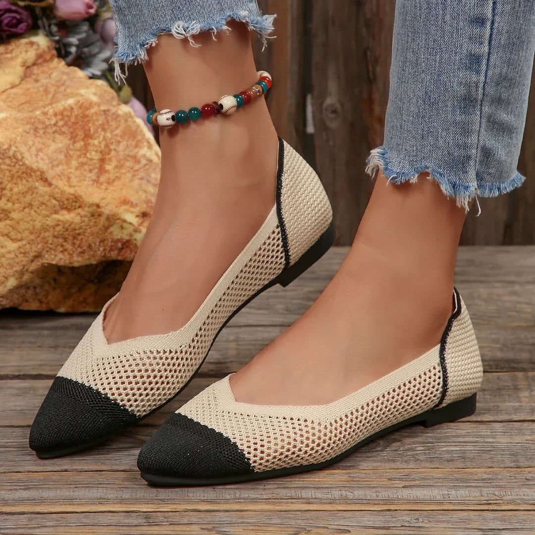 Versatile beige pointed toe flats, breathable Calora comfort for women's daily wear.