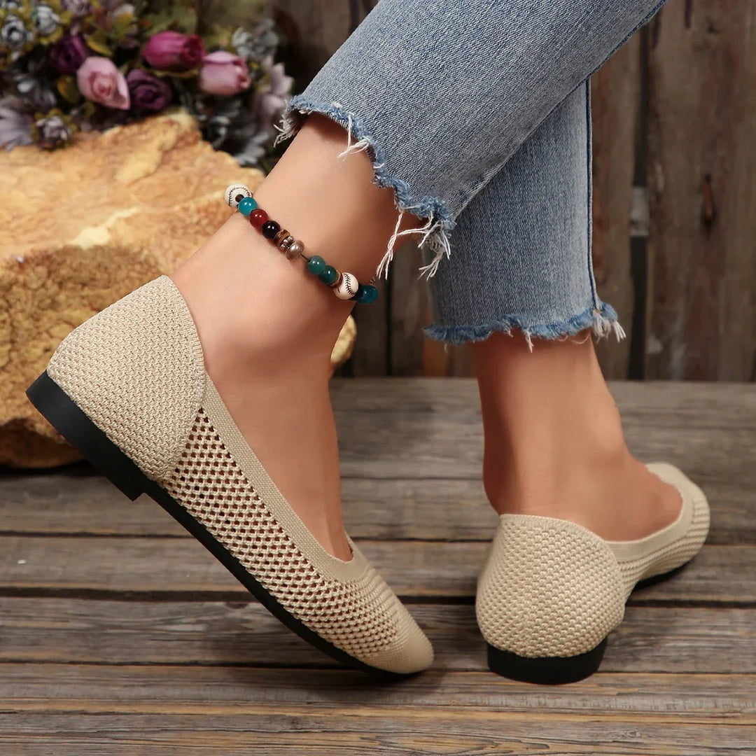 Beige women's slip-on flats, Calora pointed toe, breathable and comfortable for walking & everyday.
