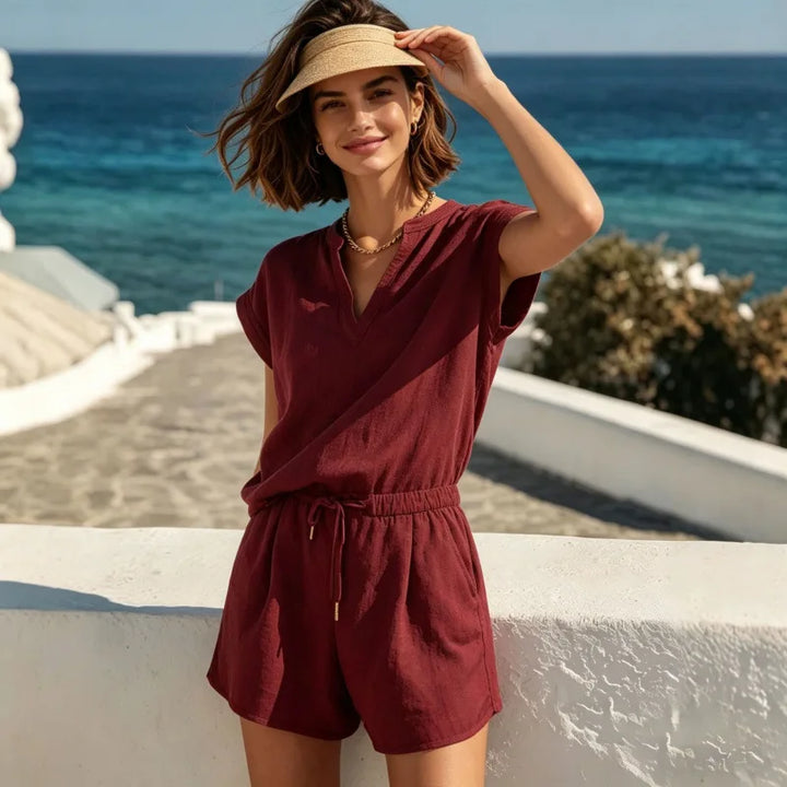 Close-up of a women's V-neck casual top paired with matching drawstring shorts, ideal for warm weather.