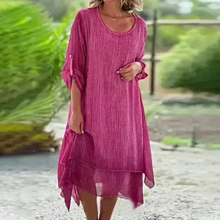 Women's summer layered midi dress, 3/4 sleeve casual style. Ideal for comfortable everyday wear, chic & relaxed.