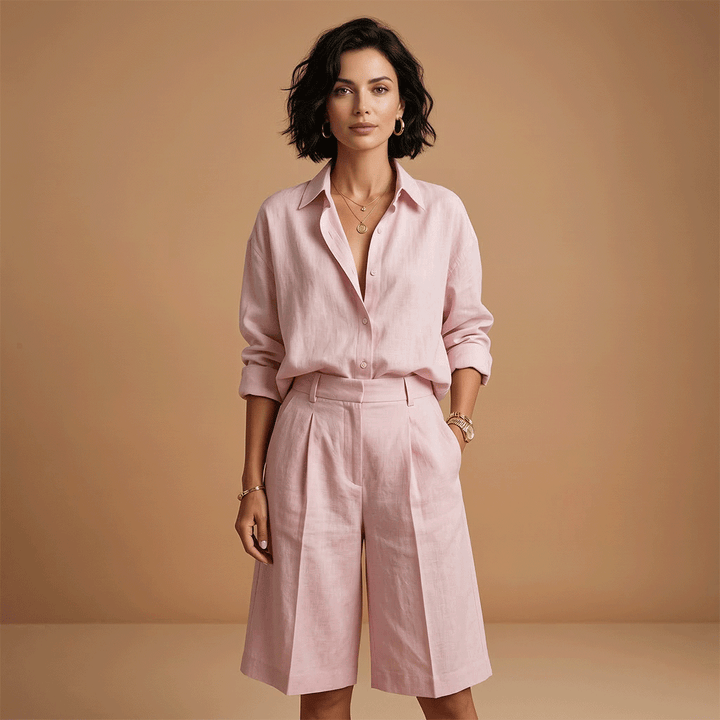 Relaxed fit women's long sleeve shirt & shorts set with elastic waist and pockets. Ideal casual two-piece outfit.