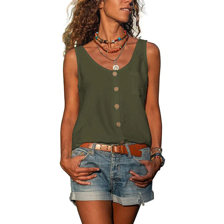 Relaxed fit women's sleeveless blouse. Comfortable, effortless style everyday tank top for casual fashion.