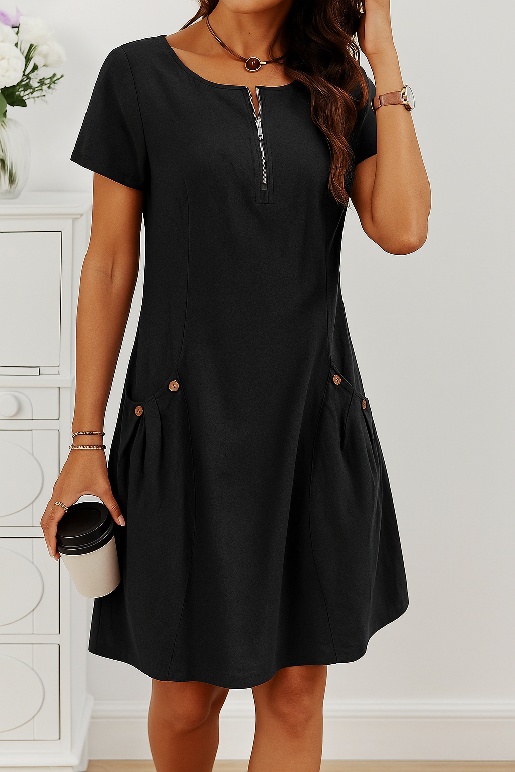 Stylish women's summer midi dress, perfect for everyday wear, with a trendy zip front, short sleeves, and pockets.