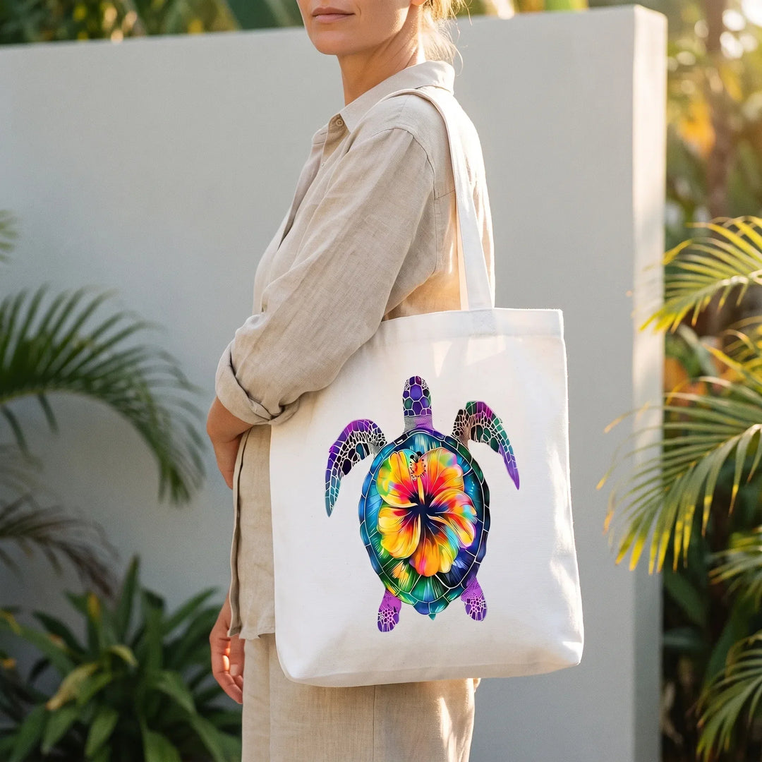 Women's casual printed shoulder tote bag with a vibrant floral hibiscus pattern, perfect for summer.