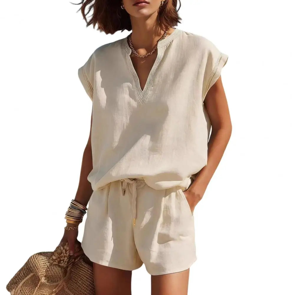 Relaxed women's summer shorts co-ord set with a V-neck top. Perfect two-piece casual outfit for warm weather.