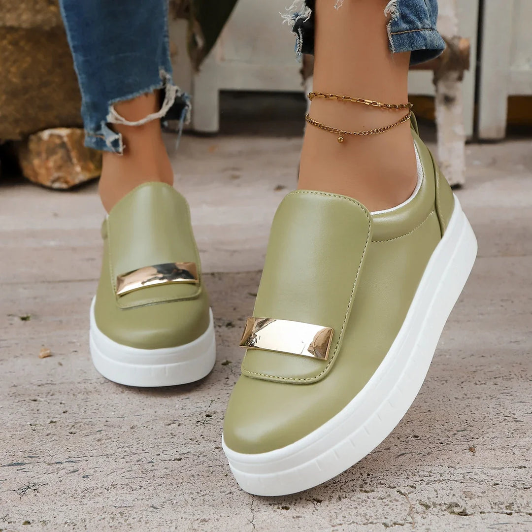 Women's Celina Rise platform sneakers, orthopedic, shock absorbing, gold accents, modern look.