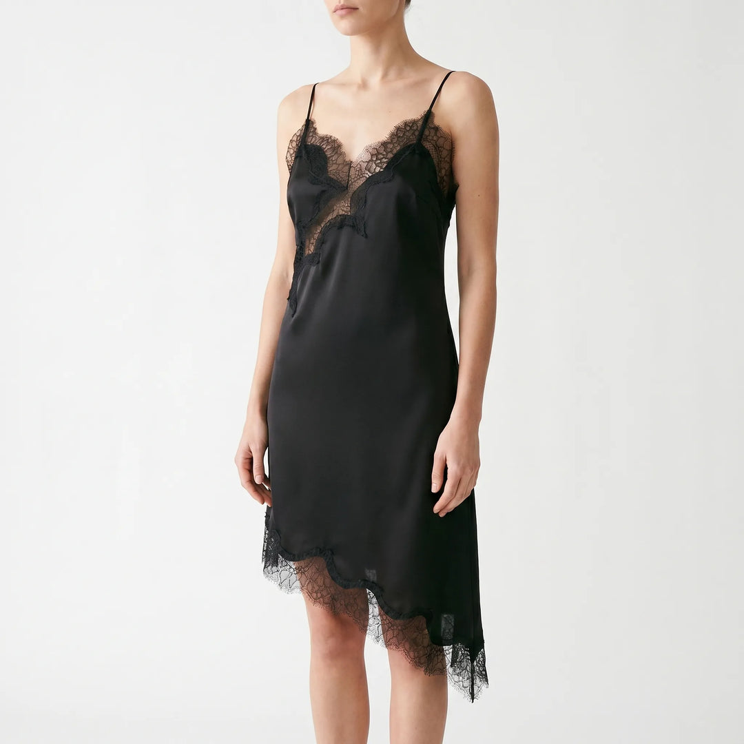 Stylish women's asymmetric lace slip dress, sleeveless V-neck for elegant evening & summer cocktail parties.
