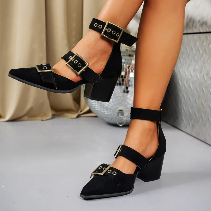 Stylish women's block heels with unique triple buckle design, a modern fashion statement.
