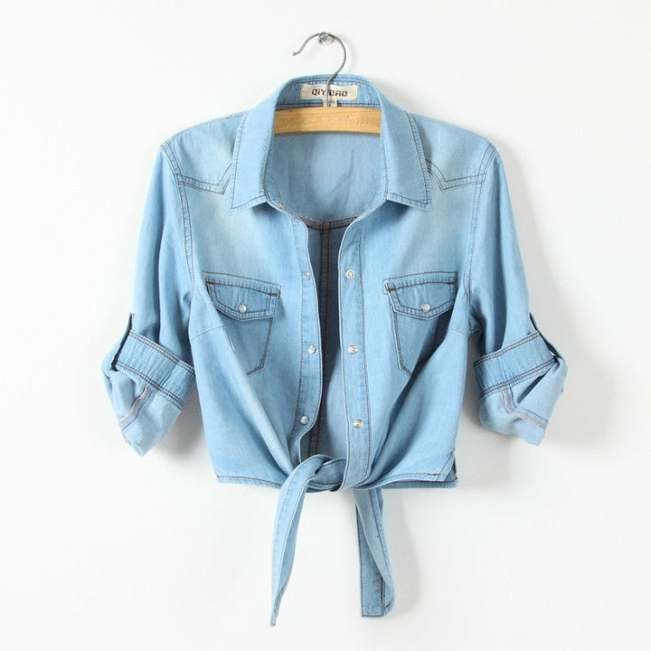 Stylish women's blue long sleeve tie-front shirt, button-up, a trendy casual top for women.