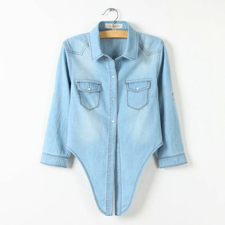Effortless women's blue button-up shirt with tie-front and long sleeves, a stylish casual top.