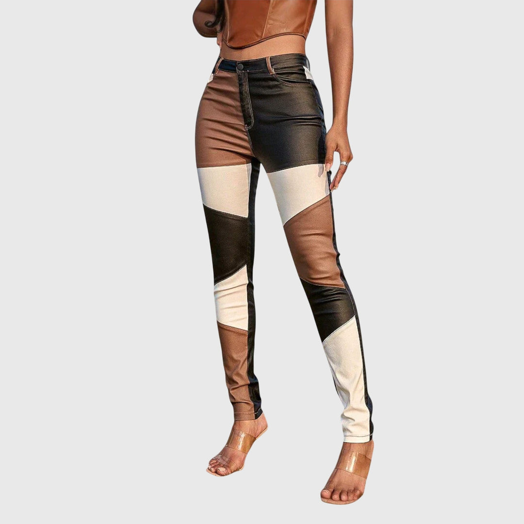 Women's chic brown & blue color block tube pants, slim fit for modern style. Comfortable everyday fashion.