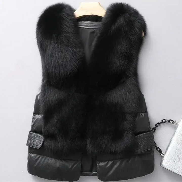 Soft faux fur quilted vest for women, a stylish sleeveless jacket. Ideal for winter fashion and layering outerwear.