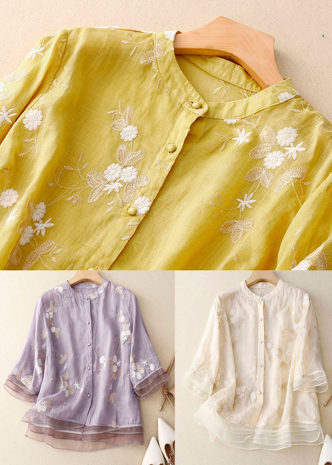 Women's elegant long-sleeve floral blouse with chic button details & modern patchwork.