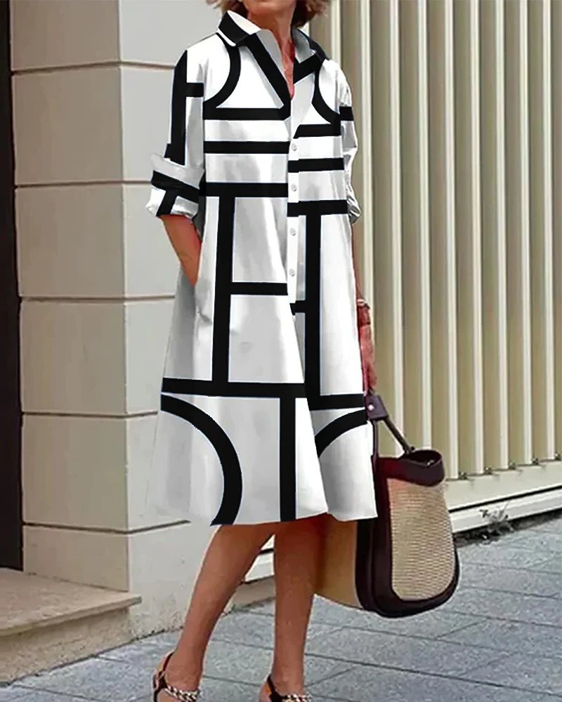 Stylish women's geometric print casual dress with handy pockets, comfortable for summer fashion & versatile office wear.