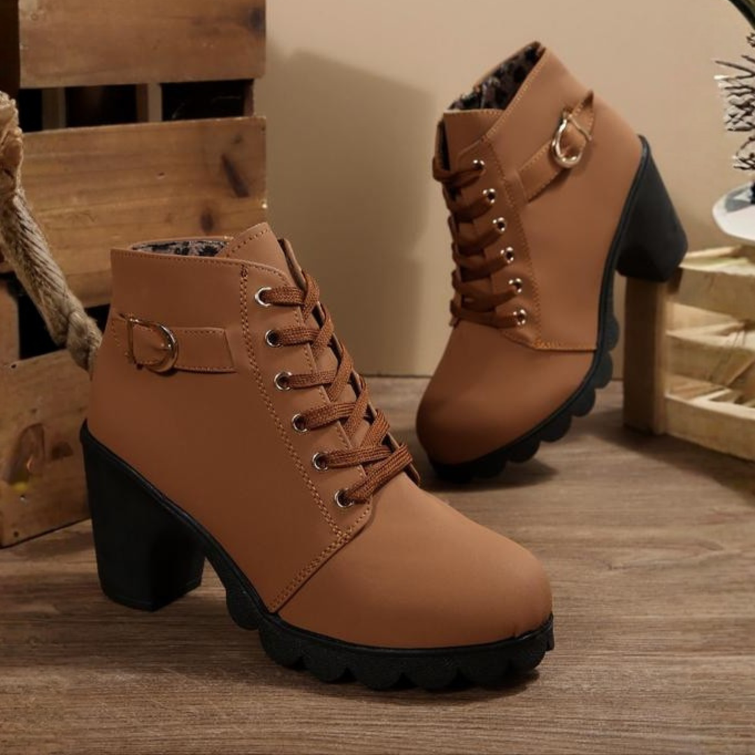 Stylish women's lace-up chunky heeled ankle boots, ideal for urban casual fall & winter fashion.
