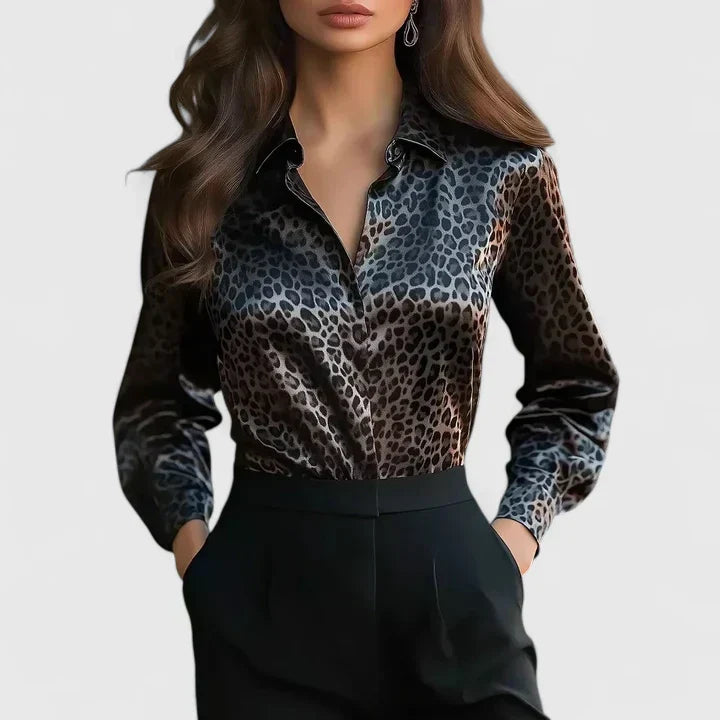 Women's chic leopard print long sleeve collared blouse, perfect for versatile office and casual wear.