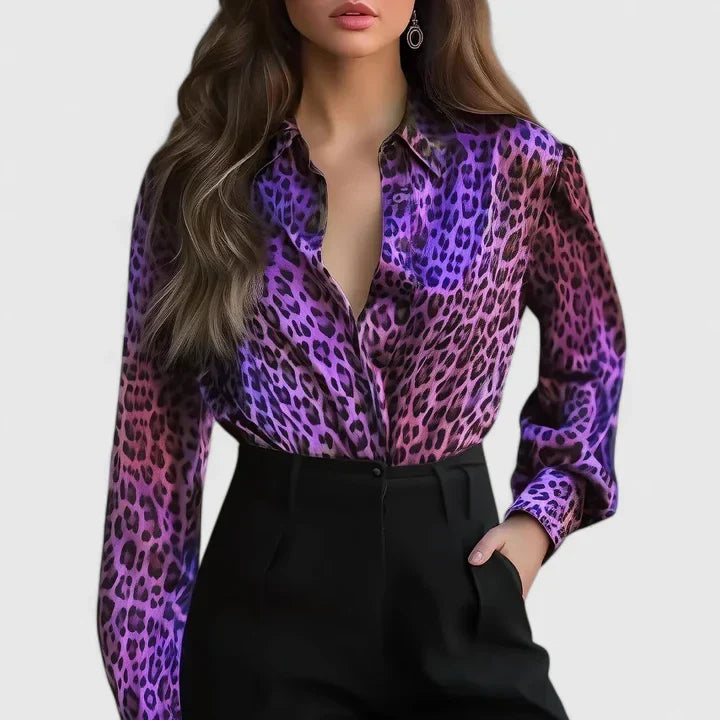 Leopard print collared blouse for women with long sleeves. Ideal for chic office fashion & professional looks.