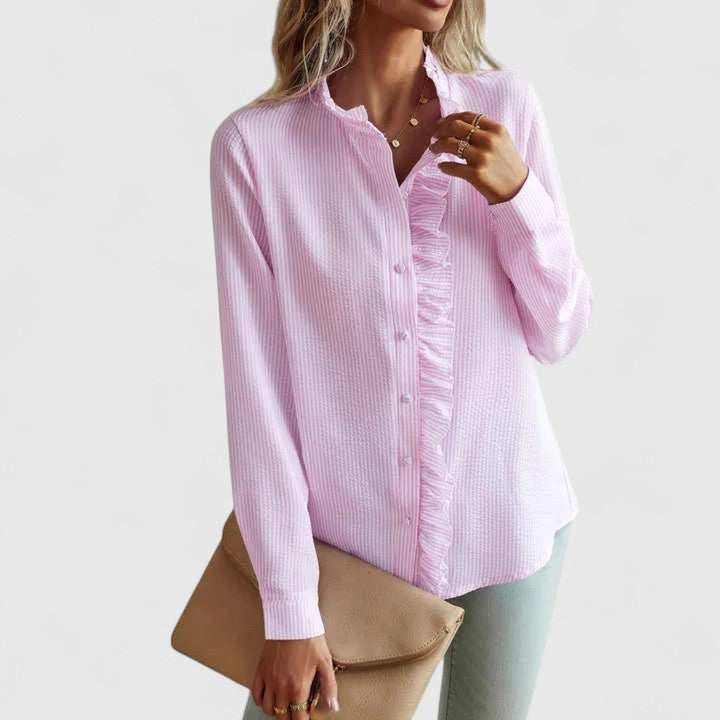 Women's chic long sleeve blouse with stand collar, button-down front, perfect for office or casual elegant wear.