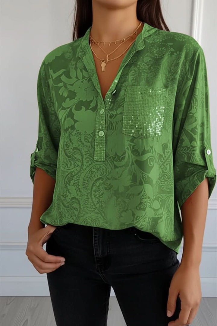 Casual chic women's printed blouse. Long-sleeve top with front pocket, a stylish & versatile elegant shirt.