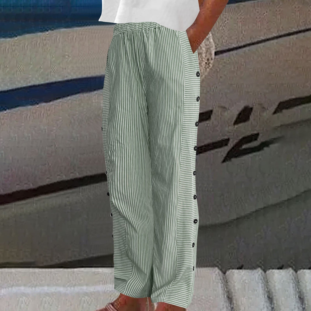 Elegant women's striped trousers, button-accented design for versatile casual chic and everyday style.