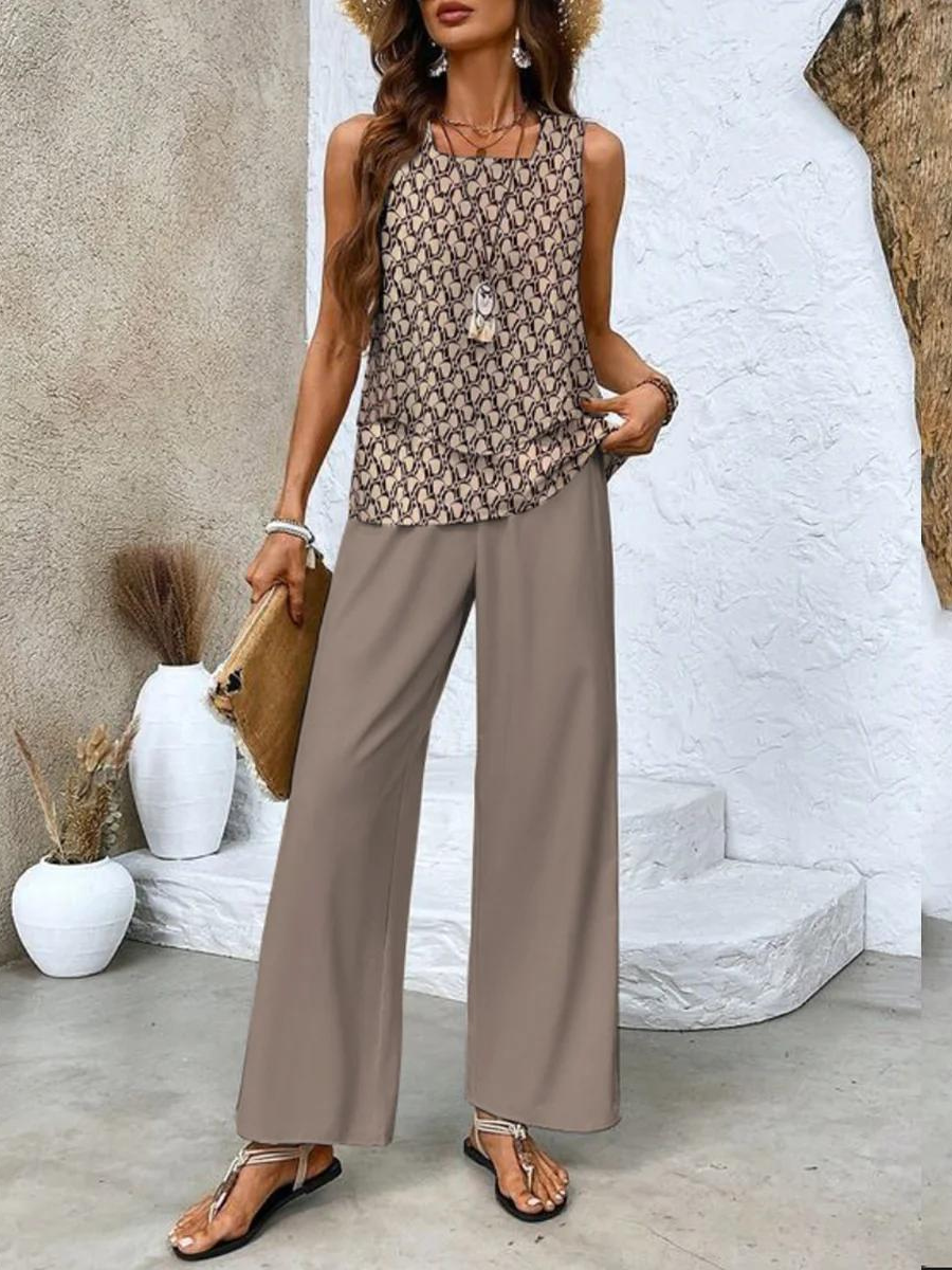 Round-neck flowy top and wide-leg pants: a chic women's two-piece summer outfit for stylish comfort.