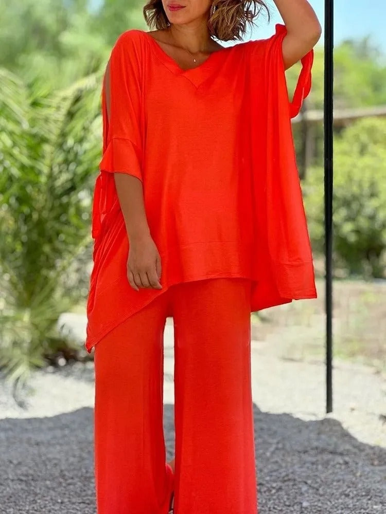 Stylish women's two-piece summer outfit set, with chic wide-leg pants, perfect for effortless casual fashion.
