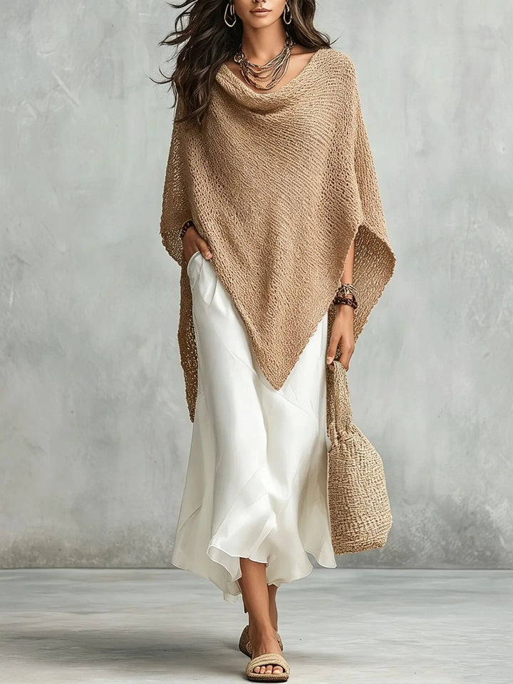 Comfortable women's two-piece poncho and maxi dress. Flowy batwing top, stylish for everyday wear.