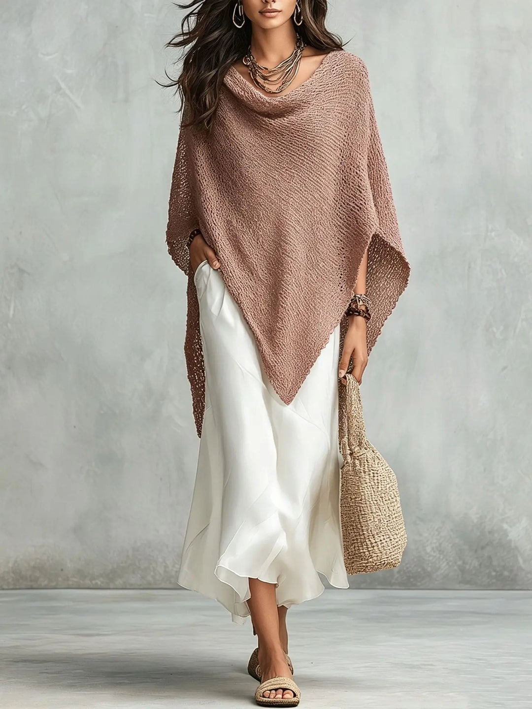 Versatile women's two-piece maxi dress set with an elegant poncho top. Ideal for casual chic style.