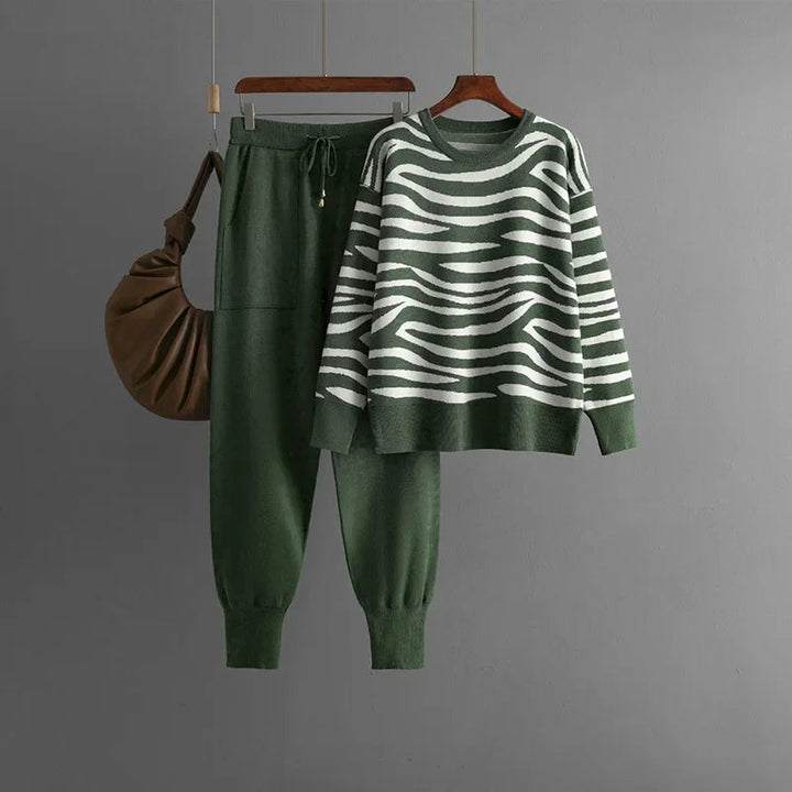 Cozy and chic women's zebra knit set. The ultimate comfortable fashion for relaxed home or casual wear.