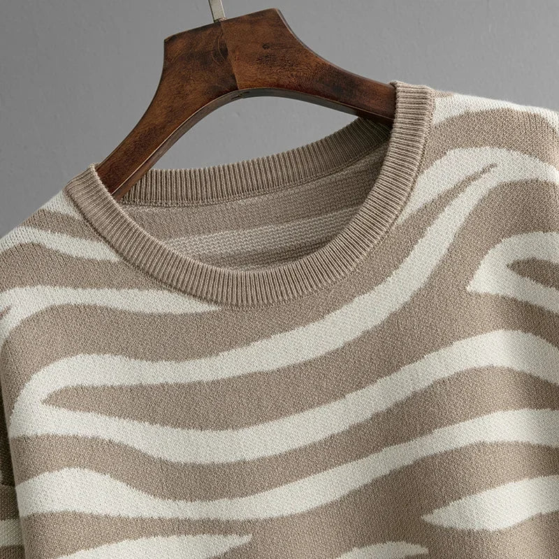 Relaxed fit women's zebra knit loungewear set, featuring soft sweater & joggers for everyday style.