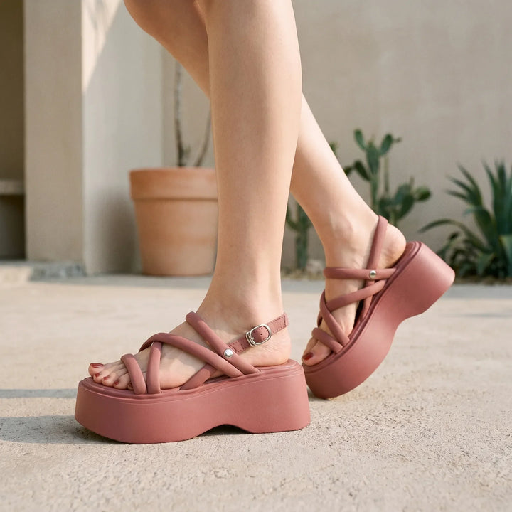 Women's chunky platform wedge sandals with criss-cross straps & adjustable ankle for summer fashion.